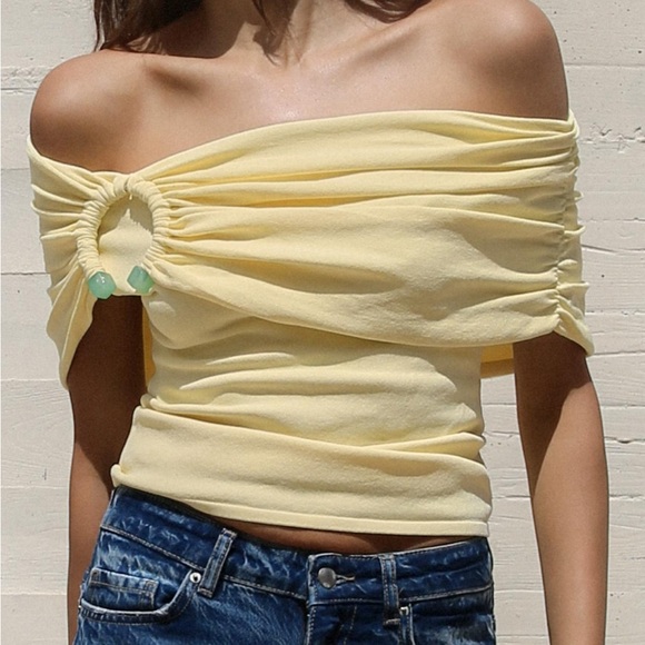 pastel yellow off the shoulder knit top with a blue stone buckle detail - Picture 2 of 4
